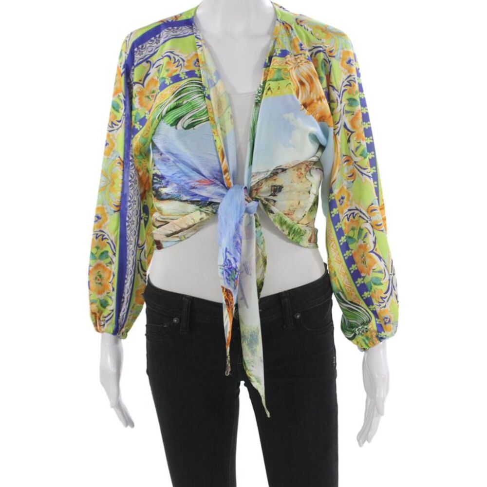 Muze Women Cropped Satin Floral V-Neck 3/4 Sleeve Tie Blouse Size S
